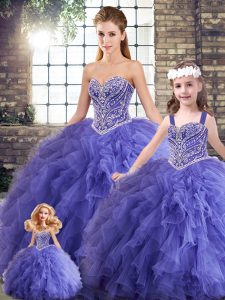 Extravagant Sleeveless Floor Length Beading and Ruffles Lace Up Quinceanera Dress with Lavender
