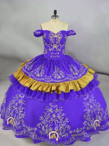 Modest Purple Sleeveless Floor Length Embroidery Lace Up Quince Ball Gowns