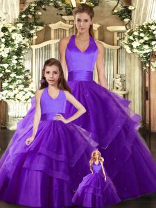 Simple Sleeveless Tulle Floor Length Lace Up Quinceanera Gown in Purple with Ruching