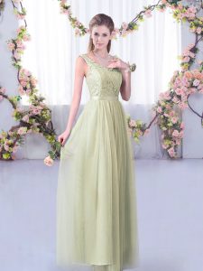 Artistic Yellow Green Empire V-neck Sleeveless Tulle Floor Length Side Zipper Lace and Belt Damas Dress