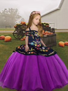 Purple Ball Gowns Organza Straps Sleeveless Embroidery Floor Length Lace Up Little Girls Pageant Dress