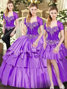 Custom Made Lavender Sleeveless Floor Length Beading and Ruffled Layers Lace Up Sweet 16 Quinceanera Dress
