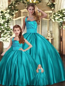 Teal Sleeveless Satin Lace Up Sweet 16 Quinceanera Dress for Military Ball and Sweet 16 and Quinceanera