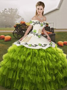 High End Olive Green Ball Gowns Embroidery and Ruffled Layers 15th Birthday Dress Lace Up Organza Sleeveless Floor Length