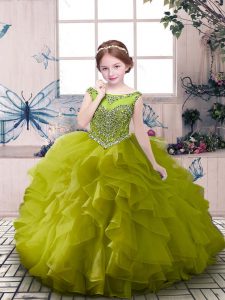 Olive Green Organza Zipper Little Girls Pageant Dress Wholesale Sleeveless Floor Length Beading and Ruffles