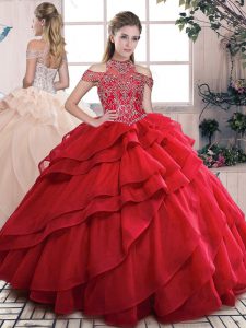 Red Ball Gowns Beading and Ruffled Layers Sweet 16 Dress Lace Up Organza Sleeveless Floor Length