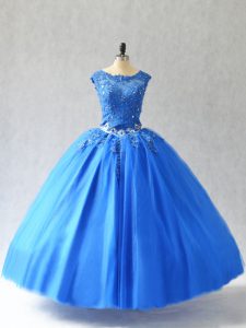 Sweet Tulle Scoop Sleeveless Lace Up Beading and Appliques Sweet 16 Dress in Blue