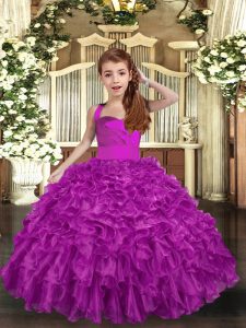 Beauteous Straps Sleeveless Pageant Dresses Floor Length Ruffles and Ruching Fuchsia Organza