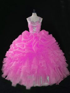 Charming Rose Pink Sleeveless Floor Length Beading and Ruffles and Pick Ups Zipper 15th Birthday Dress
