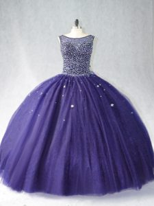 Floor Length Zipper Ball Gown Prom Dress Purple for Sweet 16 and Quinceanera with Beading