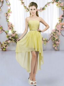 Delicate High Low Yellow Quinceanera Court of Honor Dress Chiffon Sleeveless Beading