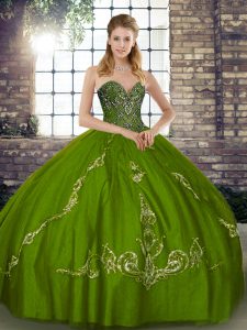Flare Olive Green Tulle Lace Up 15 Quinceanera Dress Sleeveless Floor Length Beading and Embroidery