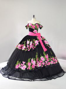 Exceptional Black Ball Gowns Tulle Off The Shoulder Sleeveless Embroidery Lace Up Quinceanera Dress Brush Train