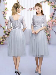 Best Selling Half Sleeves Tea Length Lace and Belt Lace Up Court Dresses for Sweet 16 with Grey