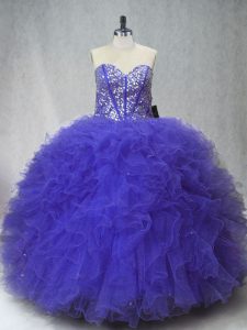 Purple Sleeveless Floor Length Beading and Ruffles Lace Up Quinceanera Gowns