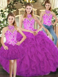 Perfect Fuchsia Lace Up 15 Quinceanera Dress Embroidery and Ruffles Sleeveless Floor Length