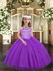 Cheap Floor Length Ball Gowns Sleeveless Purple Little Girls Pageant Dress Lace Up