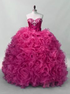 Captivating Hot Pink Sweetheart Lace Up Ruffles and Sequins Vestidos de Quinceanera Sleeveless