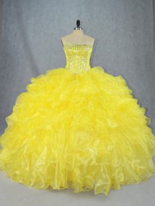 Exquisite Yellow Strapless Neckline Beading and Ruffles Sweet 16 Dresses Sleeveless Lace Up