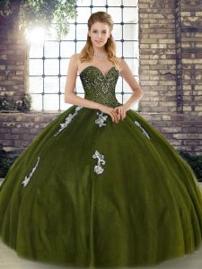 Olive Green Sweetheart Lace Up Beading and Appliques Quinceanera Gown Sleeveless