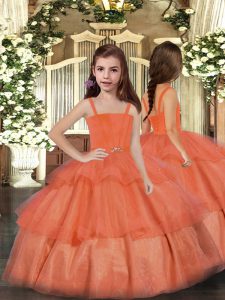 Fashionable Orange Red Lace Up Little Girl Pageant Gowns Ruffled Layers Sleeveless Floor Length