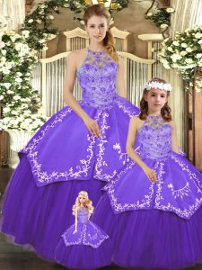 Spectacular Purple Sleeveless Floor Length Beading and Embroidery Lace Up 15th Birthday Dress