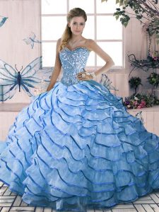 Sweetheart Sleeveless Brush Train Lace Up Ball Gown Prom Dress Blue