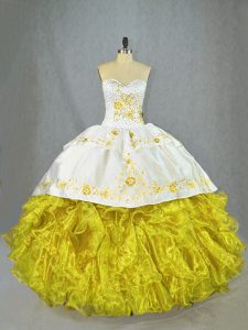 Most Popular Yellow Sleeveless Satin and Organza Brush Train Lace Up Vestidos de Quinceanera for Sweet 16 and Quinceanera