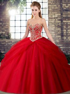Sophisticated Red Tulle Lace Up Quinceanera Dresses Sleeveless Brush Train Beading and Pick Ups