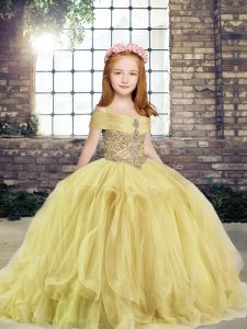 Tulle Off The Shoulder Sleeveless Lace Up Beading Pageant Dress for Womens in Yellow