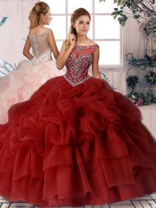 Wine Red Ball Gowns Organza Scoop Sleeveless Beading and Pick Ups Zipper Quinceanera Dresses Brush Train