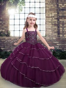 Purple Straps Lace Up Beading and Ruffled Layers Little Girl Pageant Dress Sleeveless