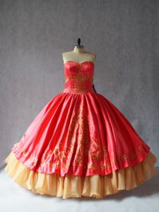 Coral Red Ball Gowns Satin and Organza Sweetheart Sleeveless Embroidery Floor Length Lace Up Sweet 16 Quinceanera Dress