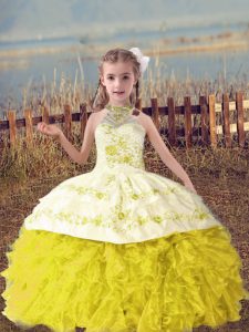Discount Gold Ball Gowns Beading and Embroidery and Ruffles Little Girls Pageant Dress Lace Up Organza Sleeveless Floor Length