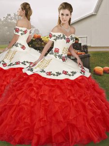 Sleeveless Floor Length Embroidery and Ruffles Lace Up Quinceanera Dress with White And Red