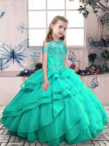 Sleeveless Floor Length Beading and Ruffled Layers Lace Up Kids Formal Wear with Turquoise