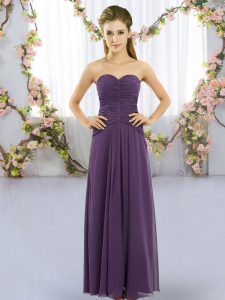 Designer Sleeveless Floor Length Ruching Lace Up Dama Dress for Quinceanera with Purple