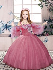 Unique Pink Sleeveless Beading Floor Length Little Girls Pageant Dress