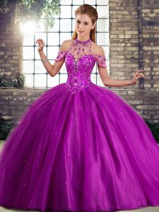 Purple Ball Gowns Beading Quinceanera Dresses Lace Up Tulle Sleeveless