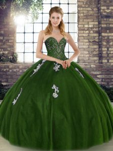 Olive Green Tulle Lace Up Sweetheart Sleeveless Floor Length Vestidos de Quinceanera Beading and Appliques