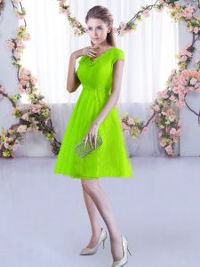 A-line Quinceanera Court of Honor Dress Yellow Green V-neck Lace Cap Sleeves Mini Length Lace Up