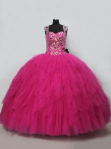 Great Hot Pink Ball Gowns Beading and Ruffles Ball Gown Prom Dress Lace Up Tulle Sleeveless