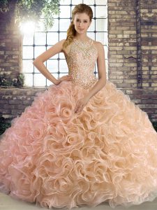 Flare Peach Ball Gowns Scoop Sleeveless Fabric With Rolling Flowers Floor Length Lace Up Beading Sweet 16 Dress