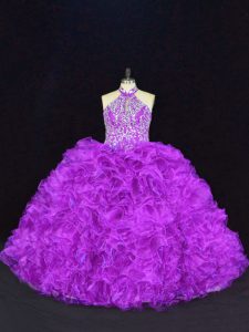 Graceful Purple Organza Lace Up Sweet 16 Quinceanera Dress Sleeveless Floor Length Beading and Ruffles
