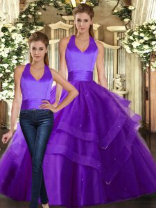 Smart Two Pieces Sweet 16 Dresses Purple Strapless Tulle Sleeveless Floor Length Lace Up