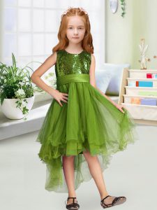 Amazing Olive Green Zipper Scoop Sequins and Bowknot Pageant Gowns For Girls Organza Sleeveless