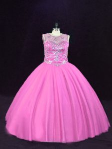 Decent Tulle Scoop Sleeveless Lace Up Beading 15th Birthday Dress in Pink