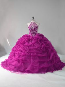 Ball Gowns Quinceanera Dress Fuchsia Halter Top Organza Sleeveless Lace Up