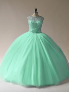 Scoop Sleeveless Lace Up Sweet 16 Dresses Apple Green Tulle