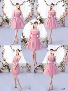 Pink Lace Up Court Dresses for Sweet 16 Appliques and Belt Half Sleeves Mini Length